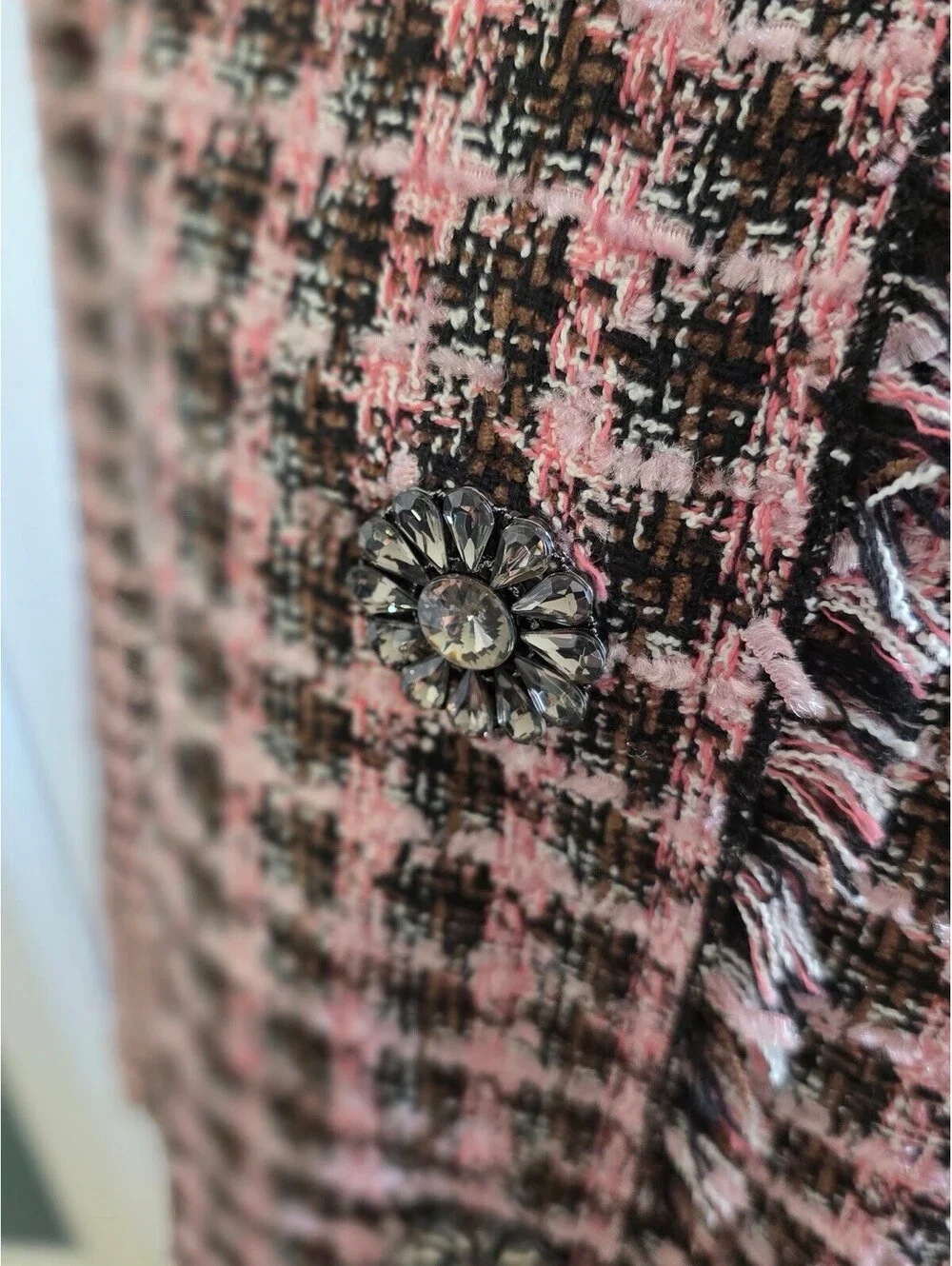 Kate Spade Pink Black Brown Enchanted Tweed Coat Crystal Rhinestone Buttons M